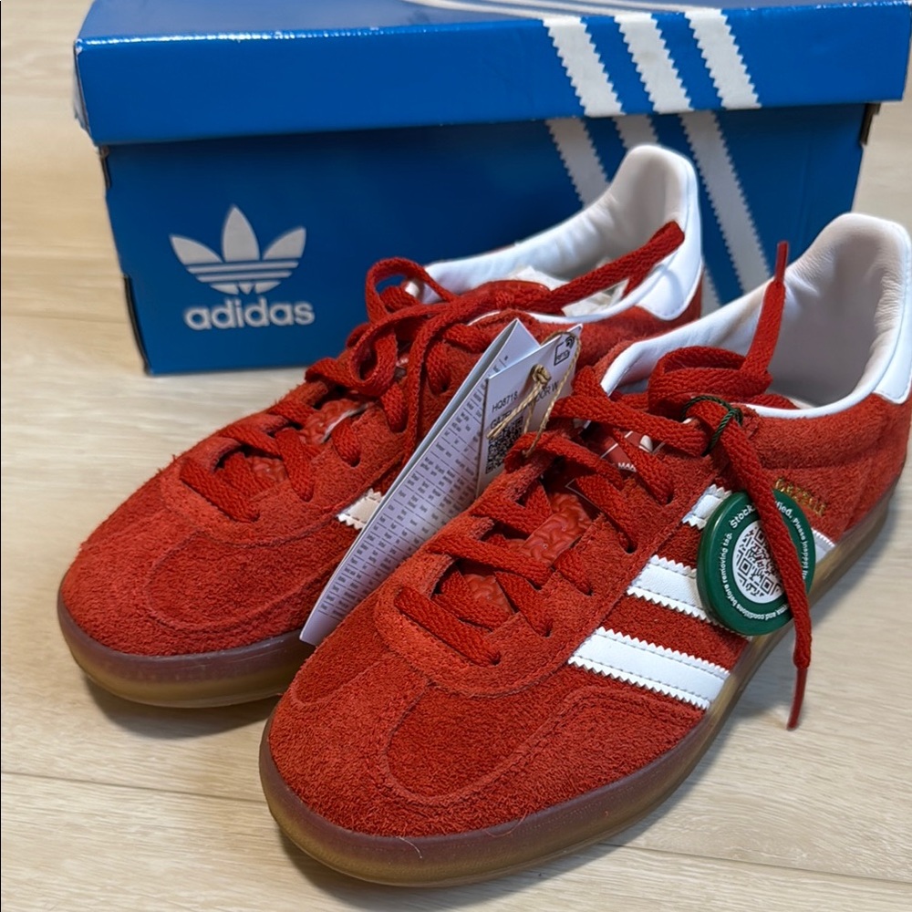 Adidas Red Suede with White Stripes Gazelle Indoor Sneakers